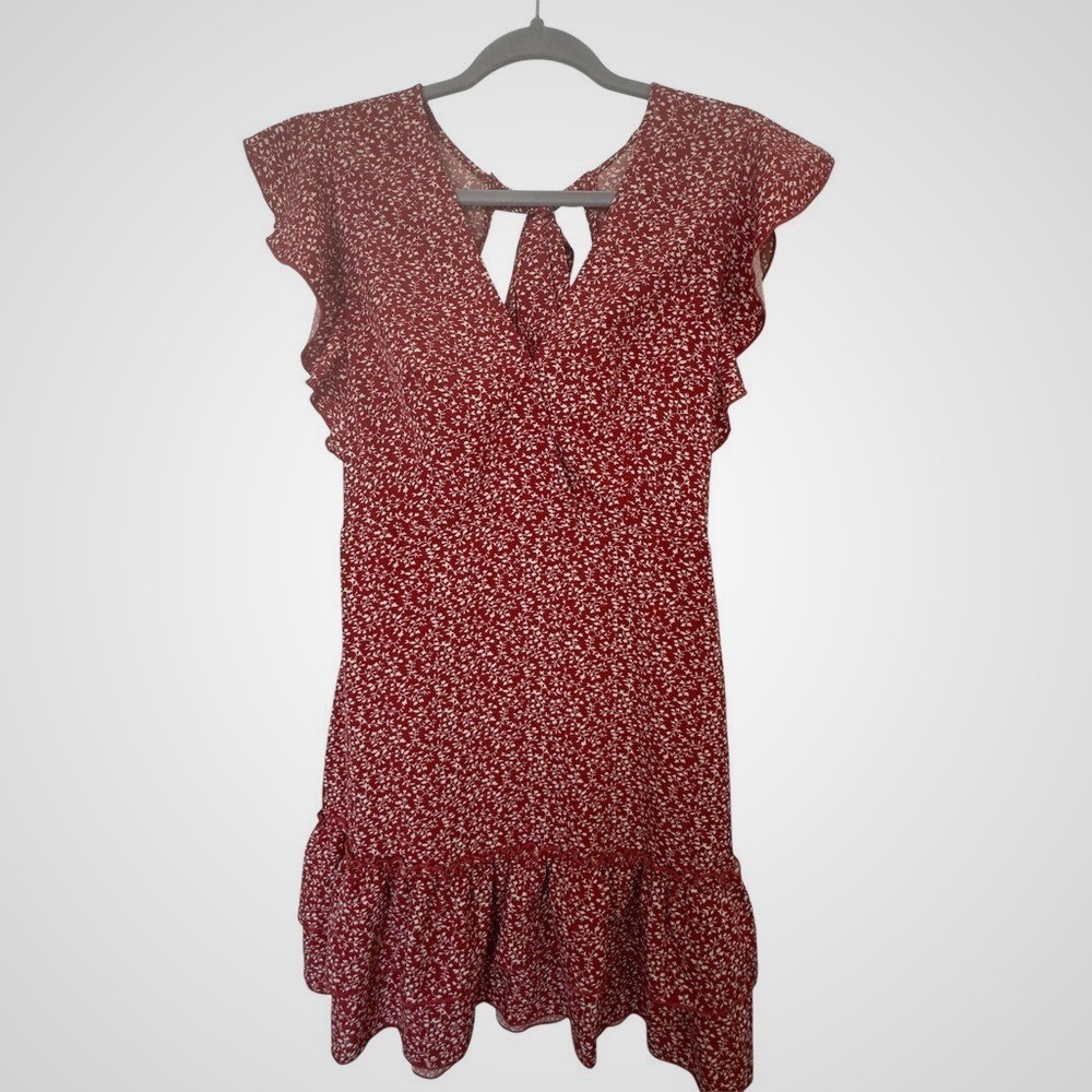 SHEIN Mini Dress Red Floral Ruffle Open Back Cottagecore Coquette Small